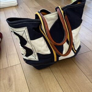 Ralph Lauren Navy, Cream & Yellow Canvas Tote with Brown Leather Handles